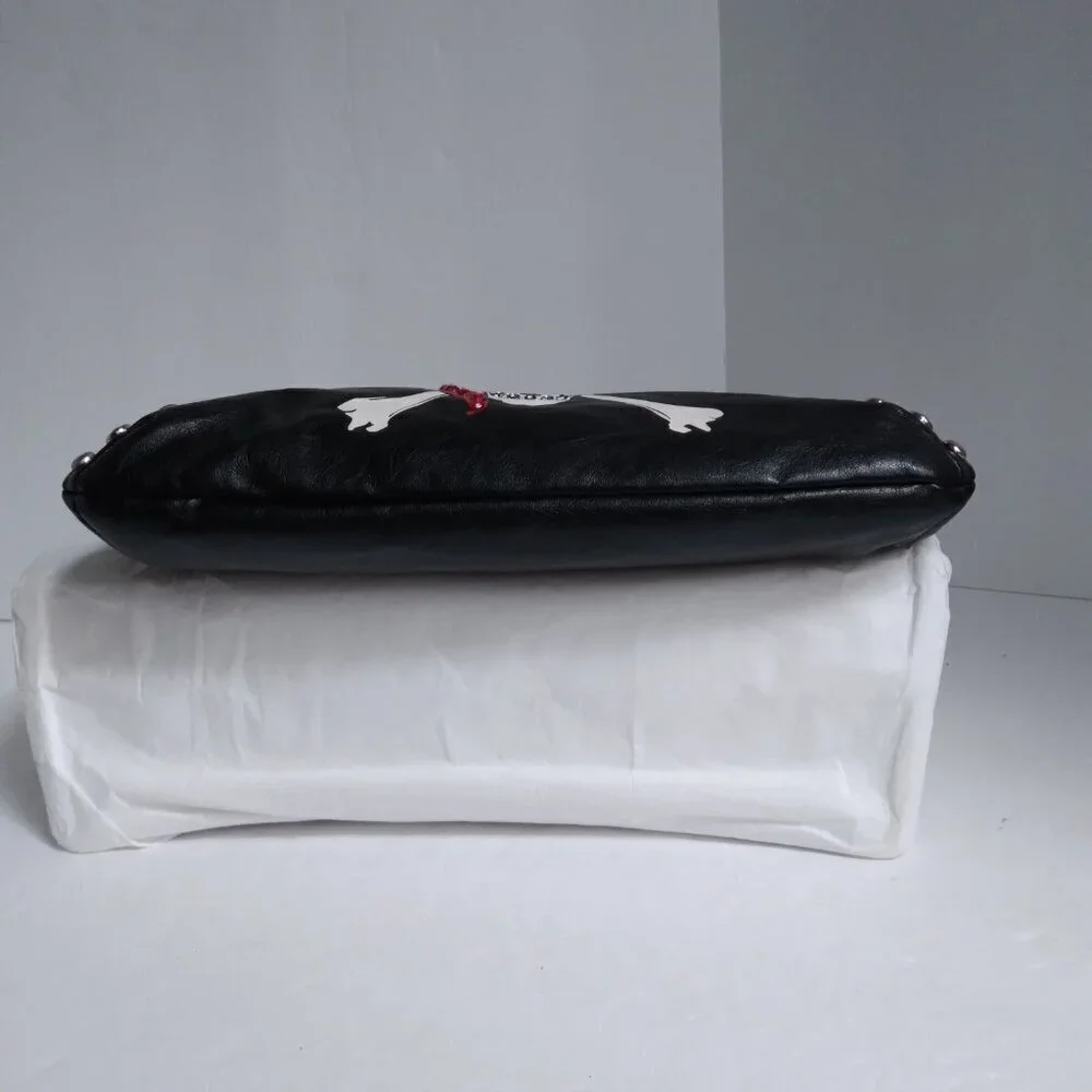 Black Bling Studded Skull Pirate Wristlet with Leather Wrapped Silver Link Chain - Picture 3 of 8